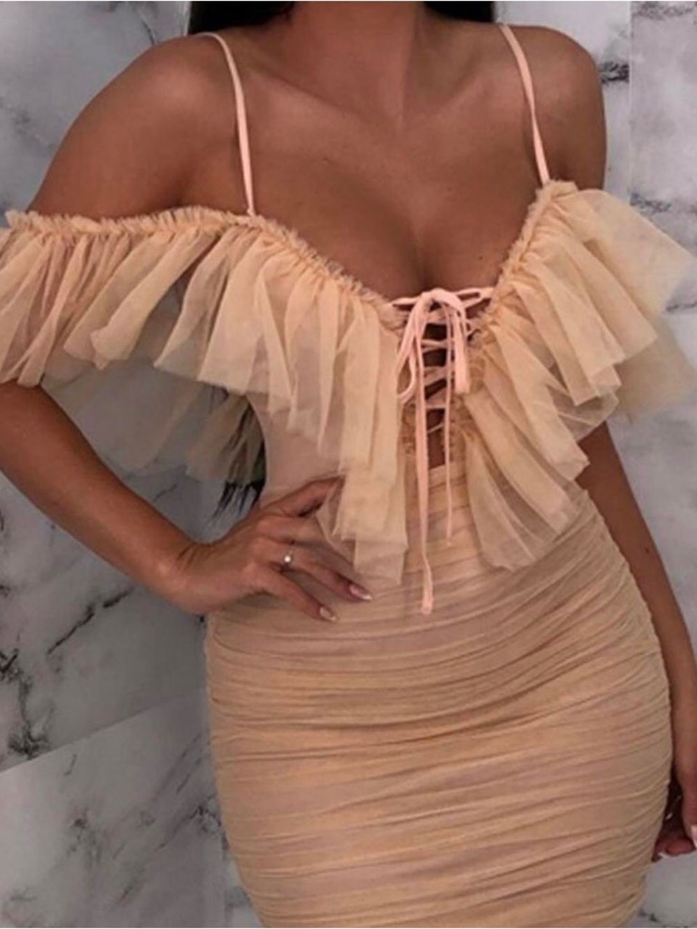 PrettyLittleThing Peach Ruffle Mini Dress Size 6US (10 UK)